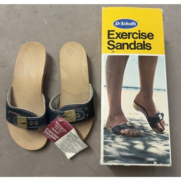 Vtg 80s Dr Scholl Wooden Exercise Sandal Clog Made in Austria Blue Women's 5 NWB - Picture 1 of 10